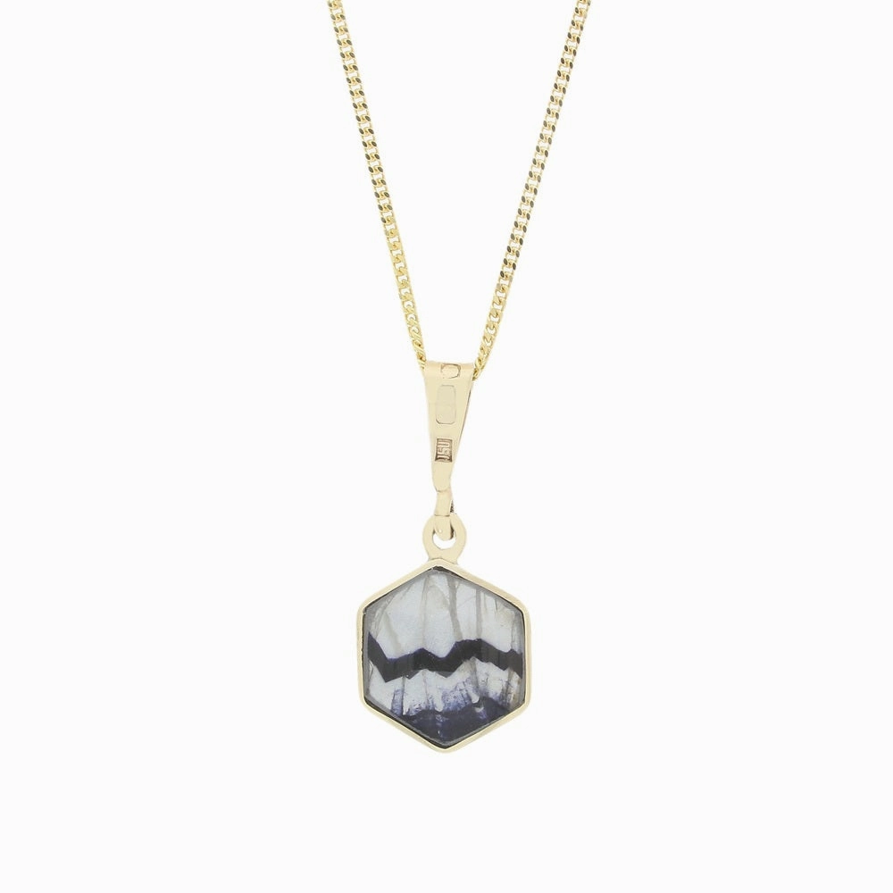Derbyshire Blue John and Jet 9ct Yellow Gold Hexagonal Reversible Pendant Necklace