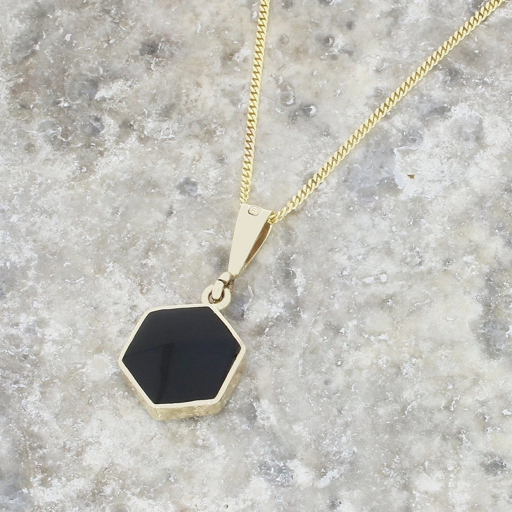 Derbyshire Blue John and Jet 9ct Yellow Gold Hexagonal Reversible Pendant Necklace