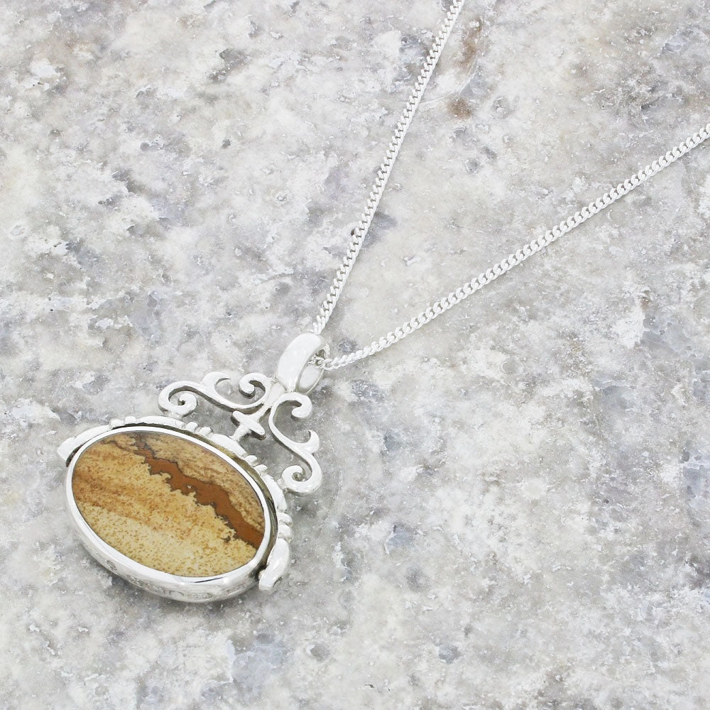 Derbyshire Blue John and Kalahari Stone Silver Spinning Pendant and Chain