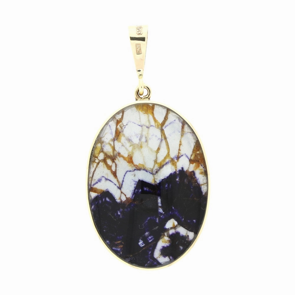 Derbyshire Blue John and Labradorite 9ct Yellow Gold Large Oval Pendant Necklace