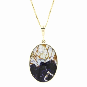 Derbyshire Blue John and Labradorite 9ct Yellow Gold Large Oval Pendant Necklace