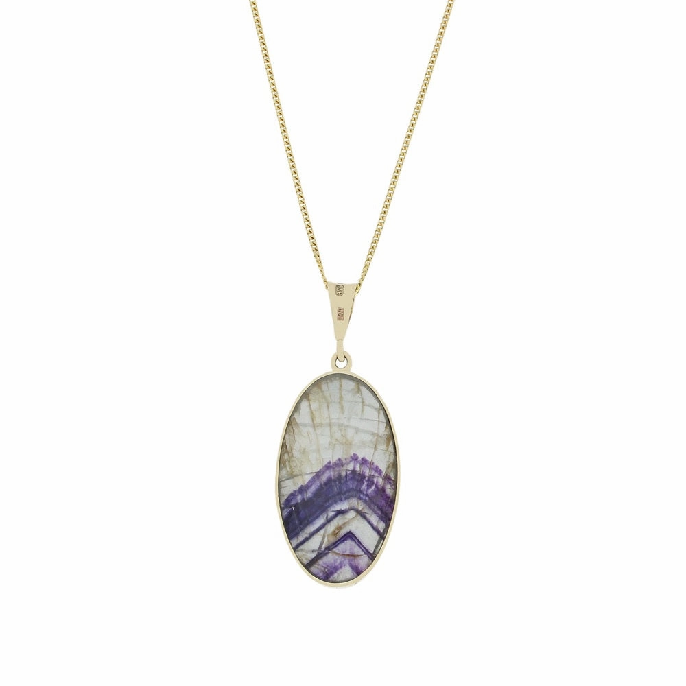 Derbyshire Blue John and Labradorite 9ct Yellow Gold Large Oval Pendant Necklace
