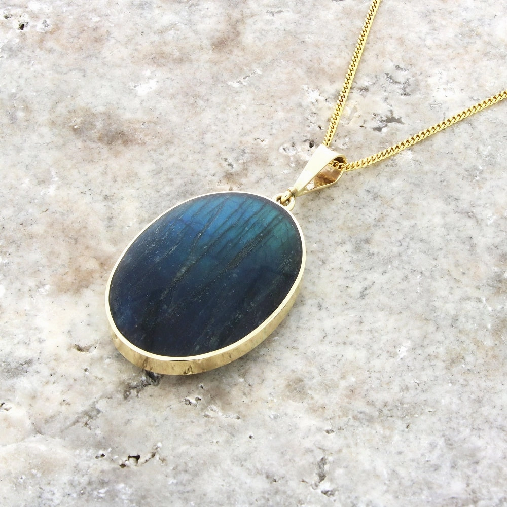 Derbyshire Blue John and Labradorite 9ct Yellow Gold Large Oval Pendant Necklace