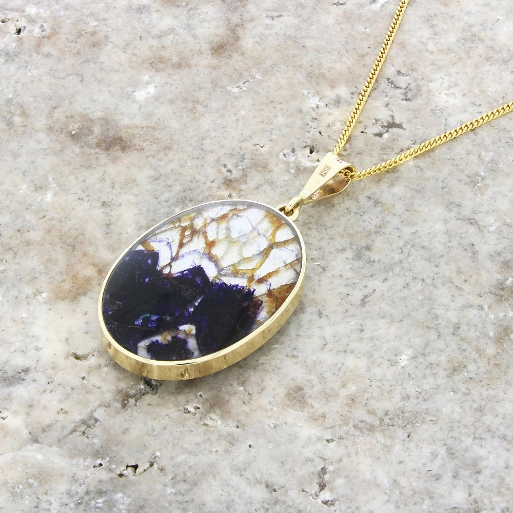 Derbyshire Blue John and Labradorite 9ct Yellow Gold Large Oval Pendant Necklace