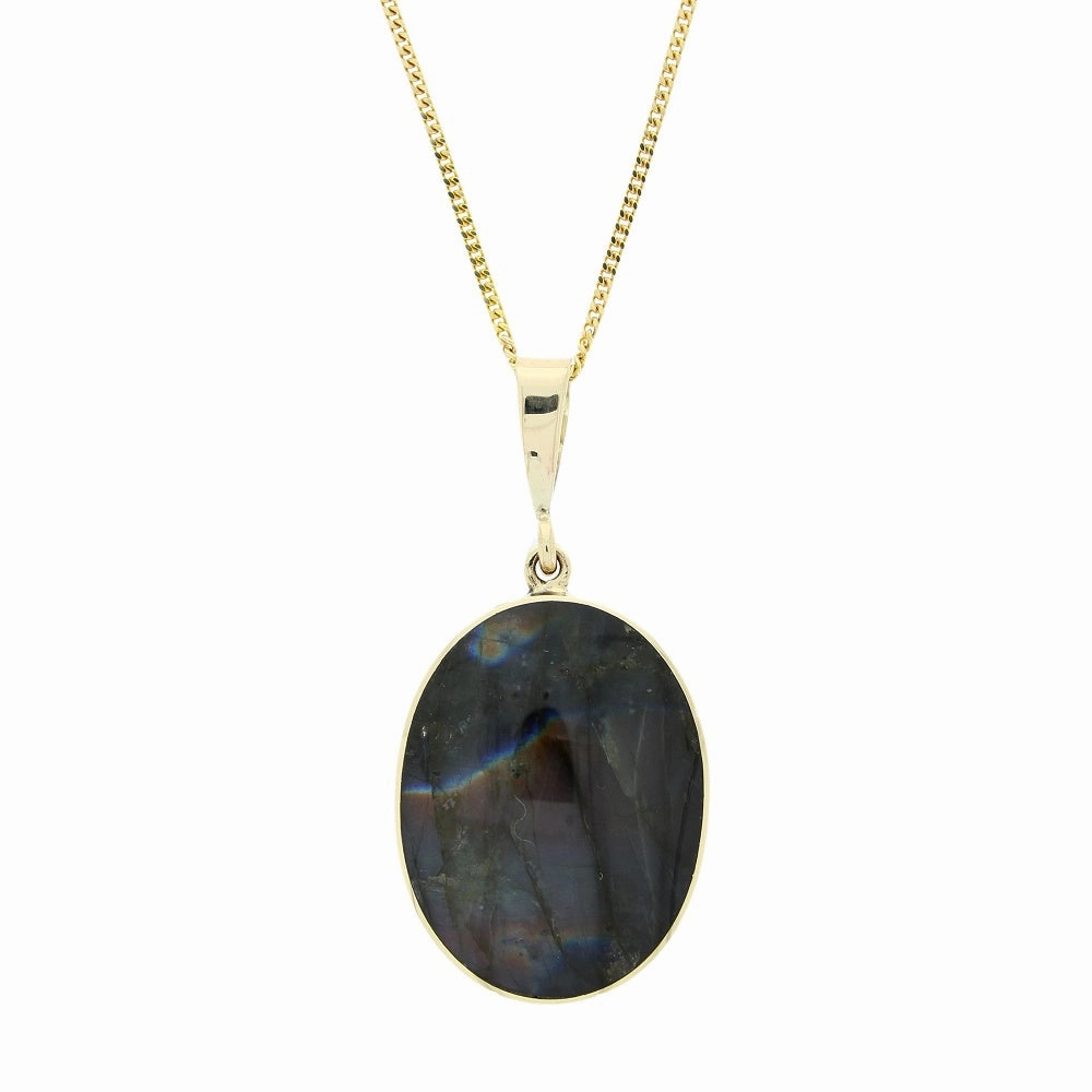 Derbyshire Blue John and Labradorite 9ct Yellow Gold Oval Reversible Pendant