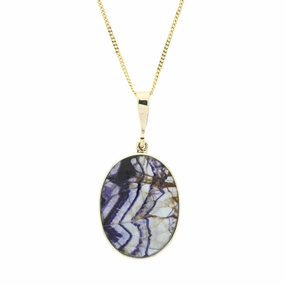 Derbyshire Blue John and Labradorite 9ct Yellow Gold Oval Reversible Pendant