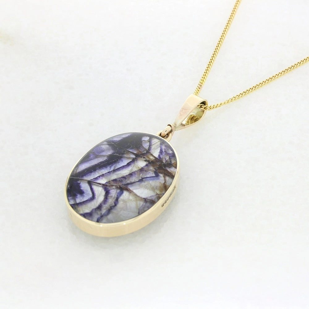 Derbyshire Blue John and Labradorite 9ct Yellow Gold Oval Reversible Pendant