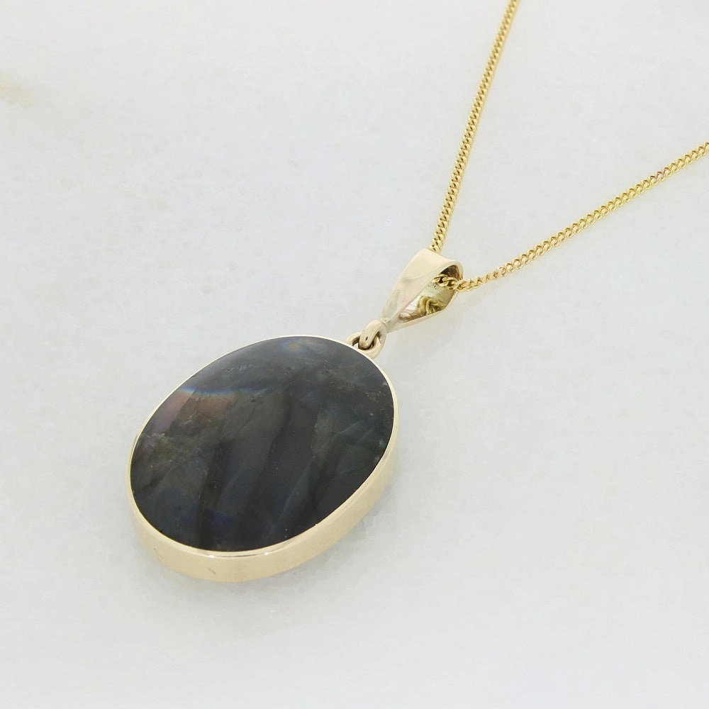 Derbyshire Blue John and Labradorite 9ct Yellow Gold Oval Reversible Pendant