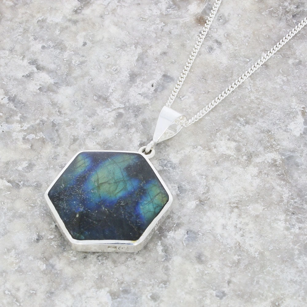 Derbyshire Blue John and Labradorite Large Sterling Silver Pendant and Chain
