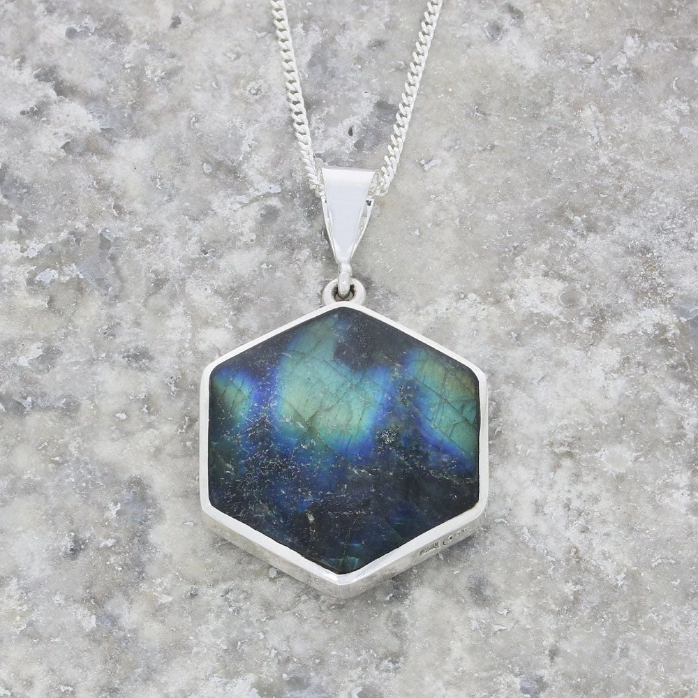 Derbyshire Blue John and Labradorite Large Sterling Silver Pendant and Chain