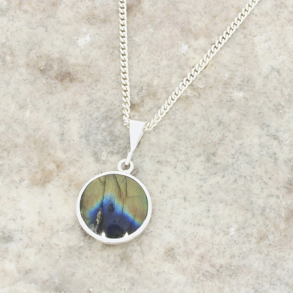 Derbyshire Blue John and Labradorite Round Pendant and Chain
