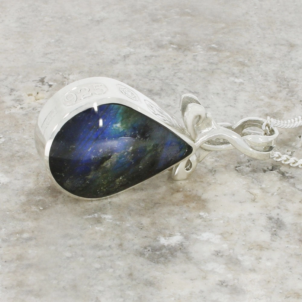 Derbyshire Blue John and Labradorite Teardrop Silver Pendant and Chain