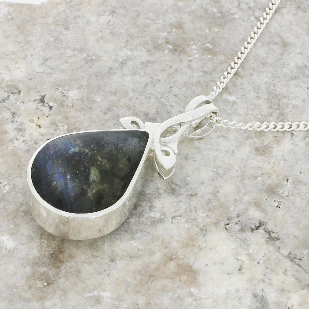 Derbyshire Blue John and Labradorite Teardrop Silver Pendant and Chain