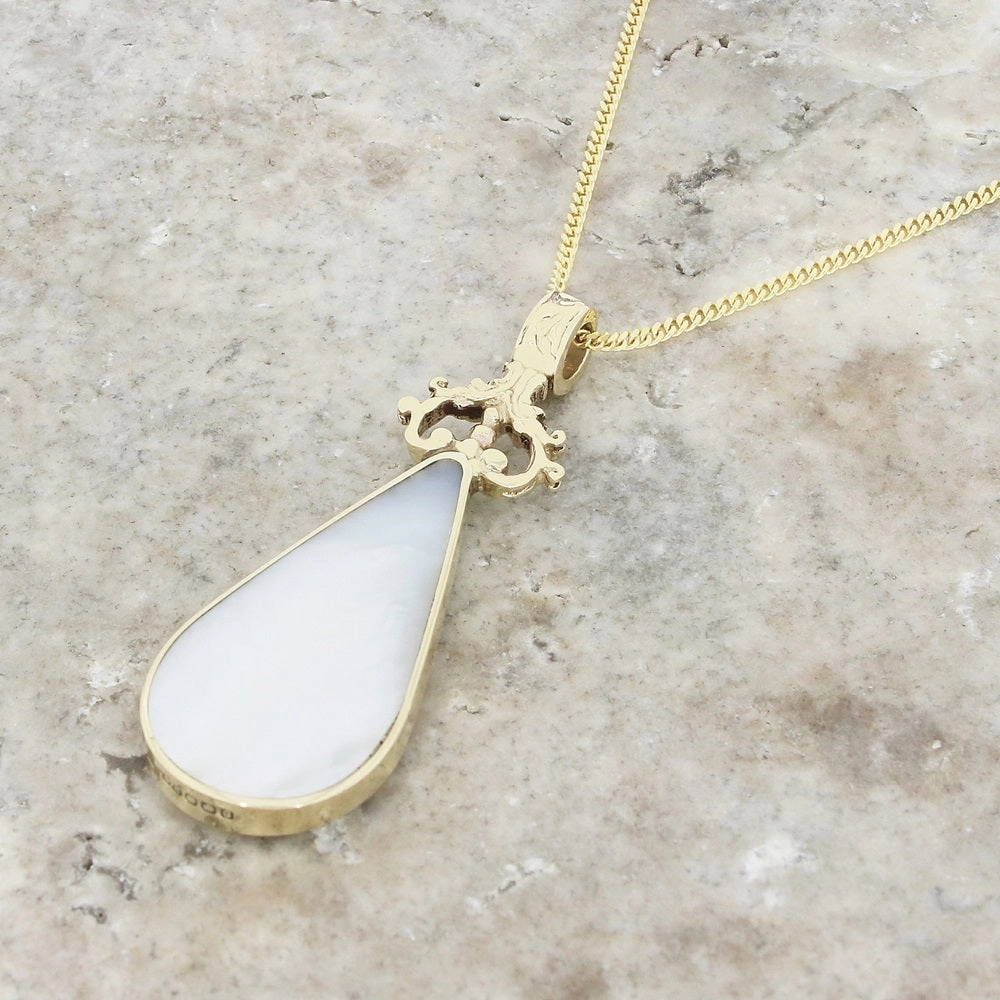 Derbyshire Blue John and Mother of Pearl 9ct Yellow Gold Pear Shape Pendant Necklace