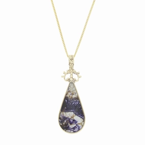 Derbyshire Blue John and Mother of Pearl 9ct Yellow Gold Pear Shape Pendant Necklace