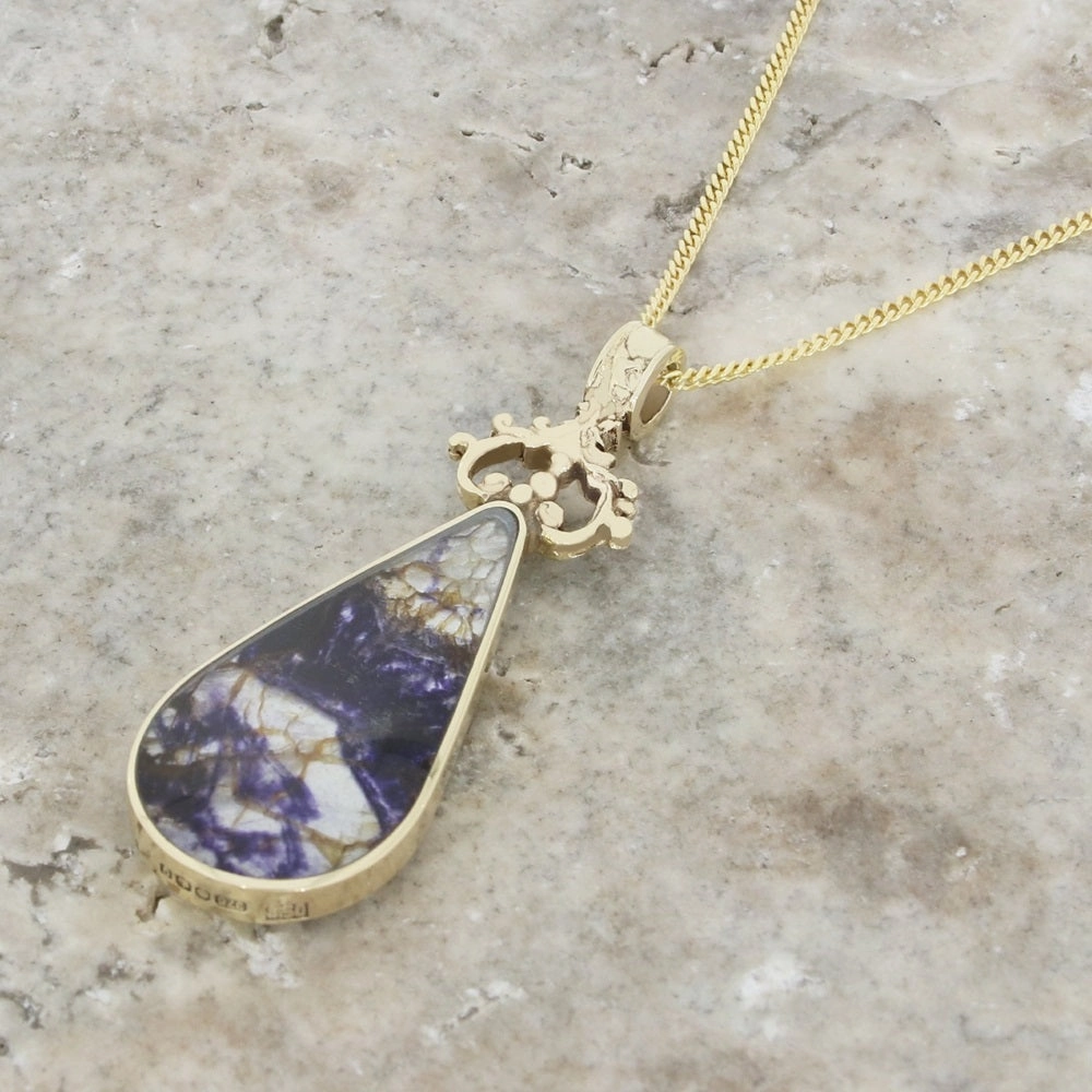 Derbyshire Blue John and Mother of Pearl 9ct Yellow Gold Pear Shape Pendant Necklace