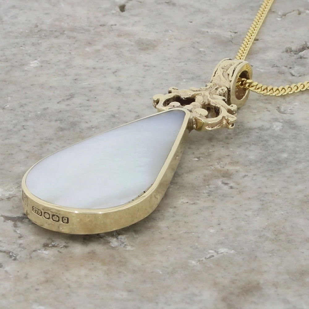 Derbyshire Blue John and Mother of Pearl 9ct Yellow Gold Pear Shape Pendant Necklace