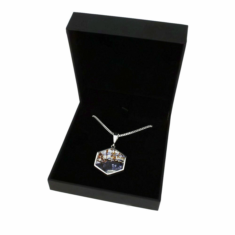 Derbyshire Blue John And Mother of Pearl Large Hexagonal Pendant And Chain