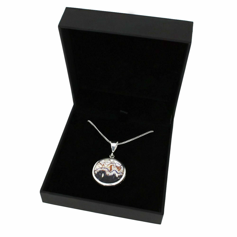 Derbyshire Blue John And Mother of Pearl Round Pendant And Chain