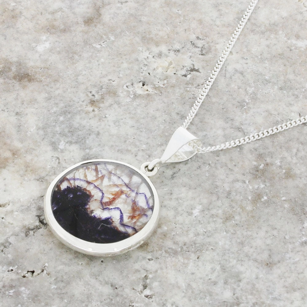 Derbyshire Blue John And Mother of Pearl Round Pendant And Chain