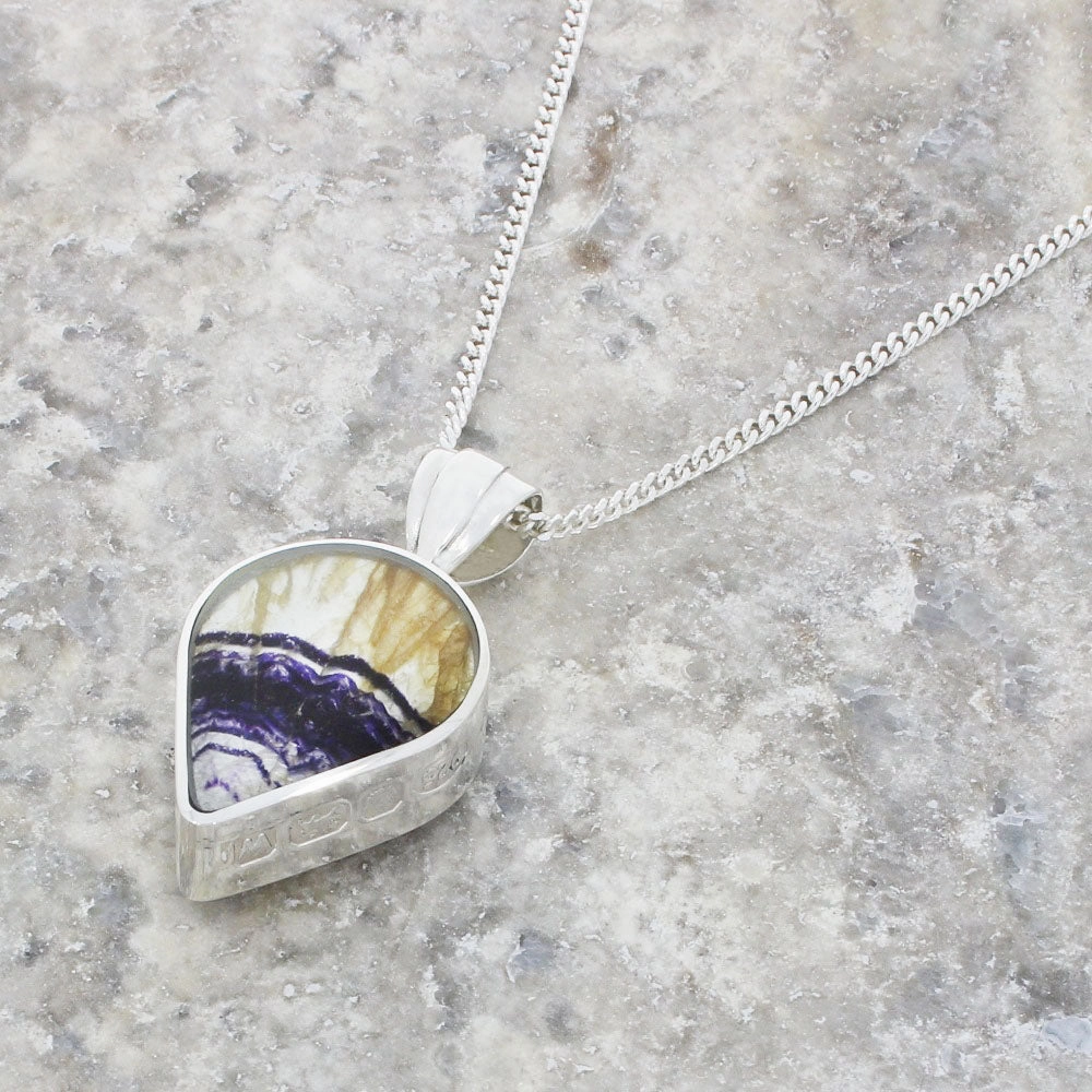 Derbyshire Blue John and Snakeskin Agate Silver Pendant and Chain