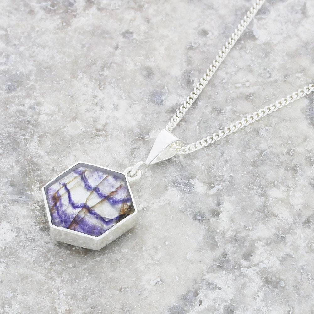 Derbyshire Blue John and Tigers Eye Small Sterling Silver Pendant and Chain