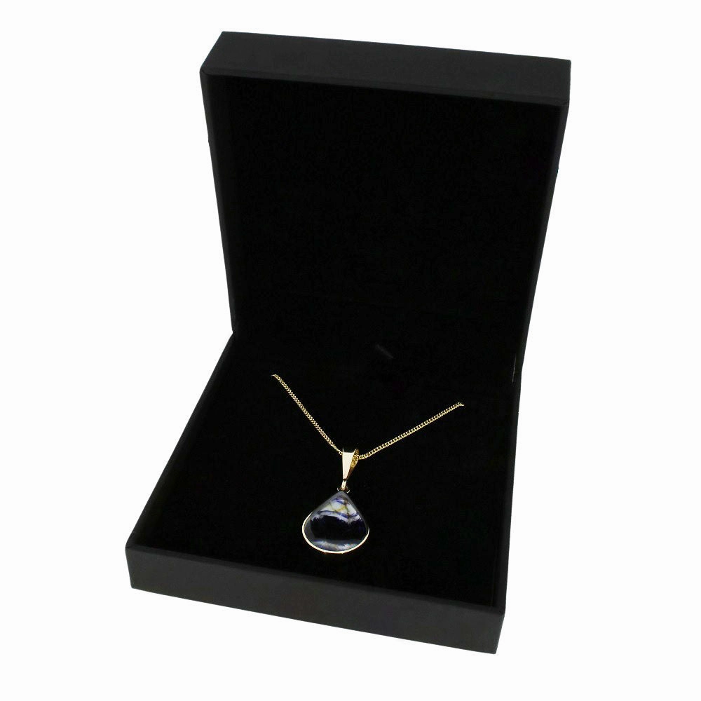 Derbyshire Blue John and Turritella Agate 9ct Yellow Gold Teardrop Pendant