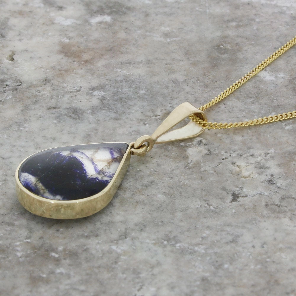 Derbyshire Blue John and Turritella Agate 9ct Yellow Gold Teardrop Pendant