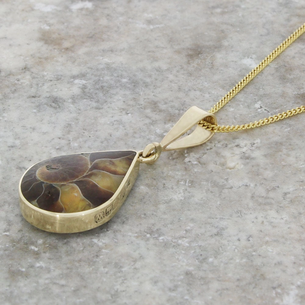 Derbyshire Blue John and Turritella Agate 9ct Yellow Gold Teardrop Pendant