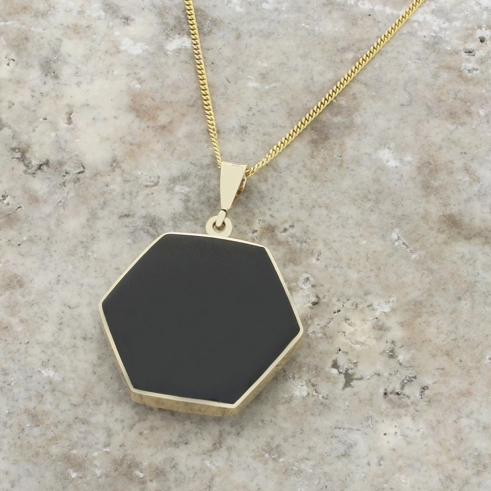 Derbyshire Blue John and Whitby Jet 9ct Yellow Gold Hexaganol Reversible Pendant