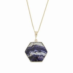Derbyshire Blue John and Whitby Jet 9ct Yellow Gold Hexaganol Reversible Pendant