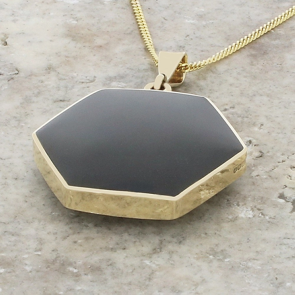 Derbyshire Blue John and Whitby Jet 9ct Yellow Gold Hexaganol Reversible Pendant