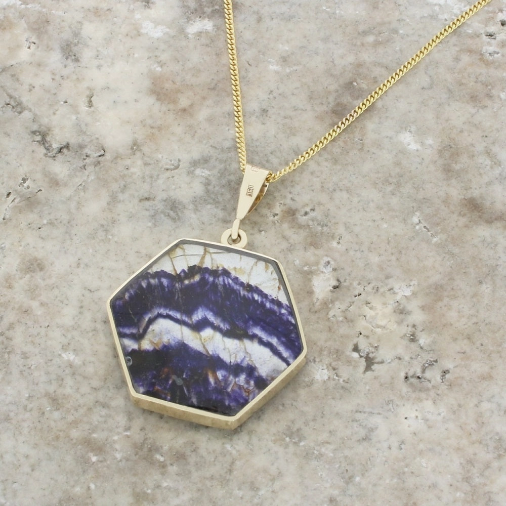 Derbyshire Blue John and Whitby Jet 9ct Yellow Gold Hexaganol Reversible Pendant