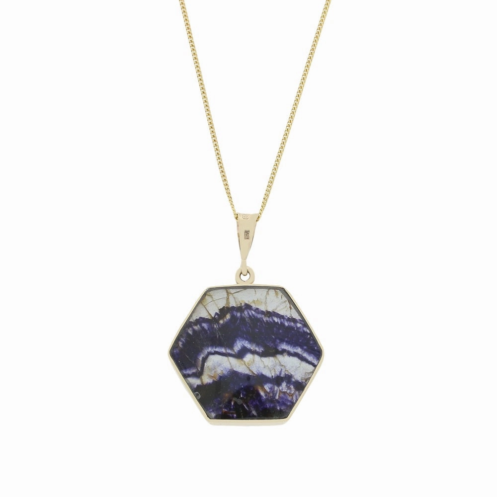 Derbyshire Blue John and Whitby Jet 9ct Yellow Gold Hexaganol Reversible Pendant