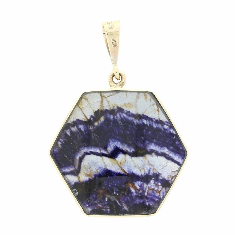 Derbyshire Blue John and Whitby Jet 9ct Yellow Gold Hexaganol Reversible Pendant