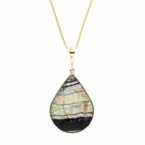 Derbyshire Blue John and Whitby Jet 9ct Yellow Gold Large Pear Pendant Necklace