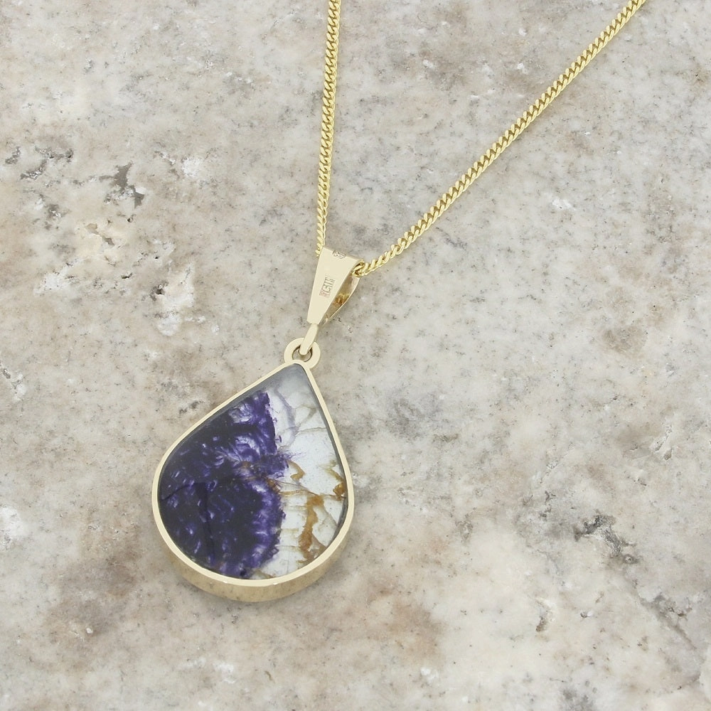 Derbyshire Blue John and Whitby Jet 9ct Yellow Gold Pear Shape Pendant Necklace