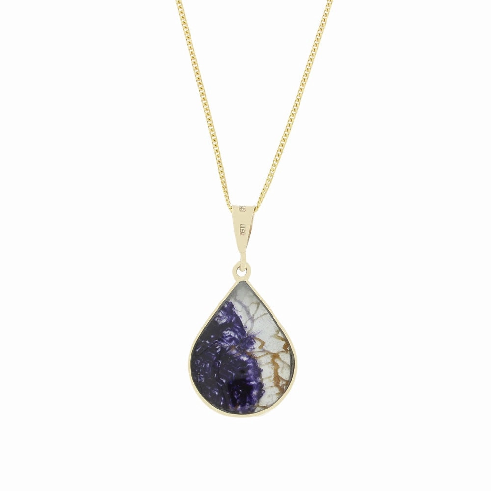 Derbyshire Blue John and Whitby Jet 9ct Yellow Gold Pear Shape Pendant Necklace