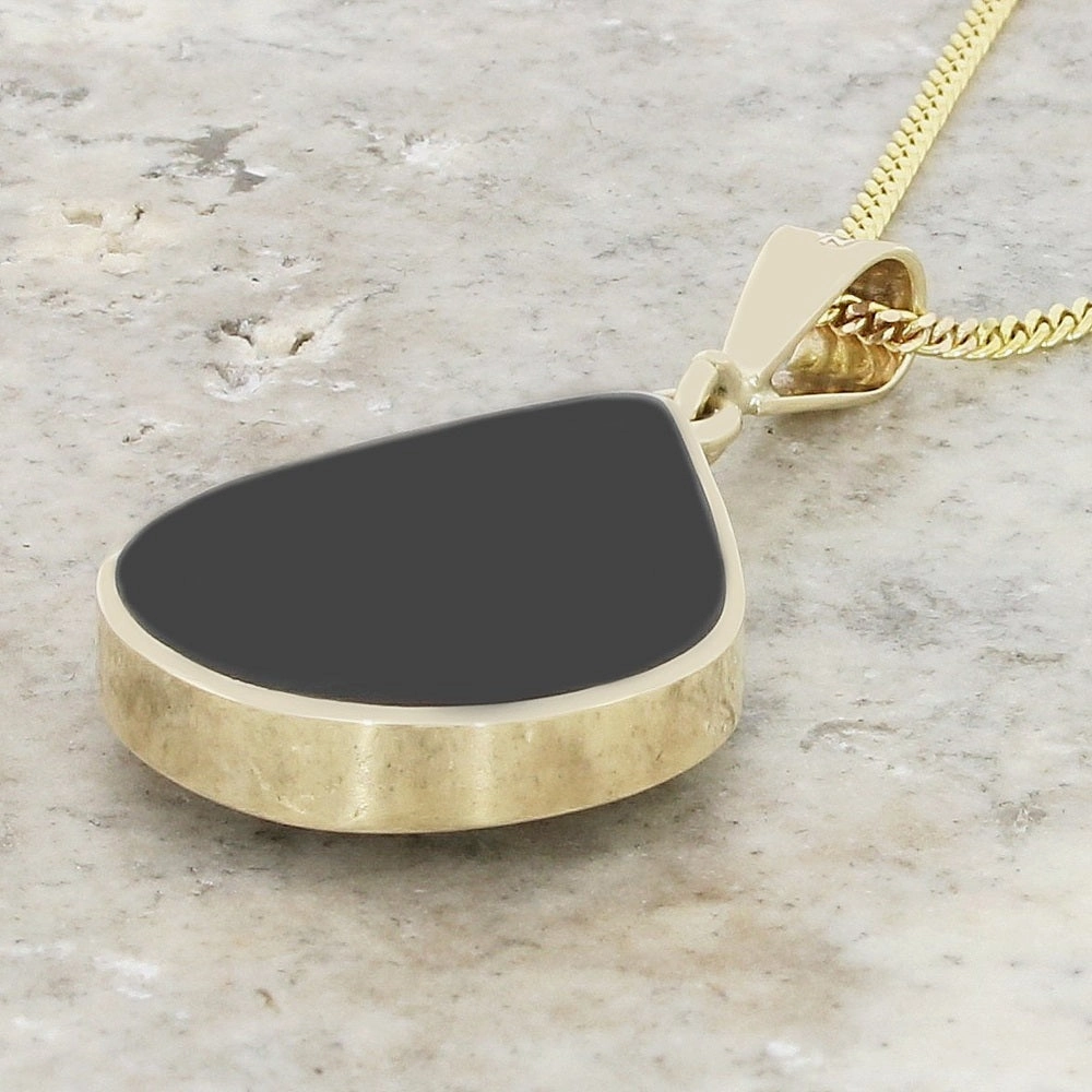 Derbyshire Blue John and Whitby Jet 9ct Yellow Gold Pear Shape Pendant Necklace