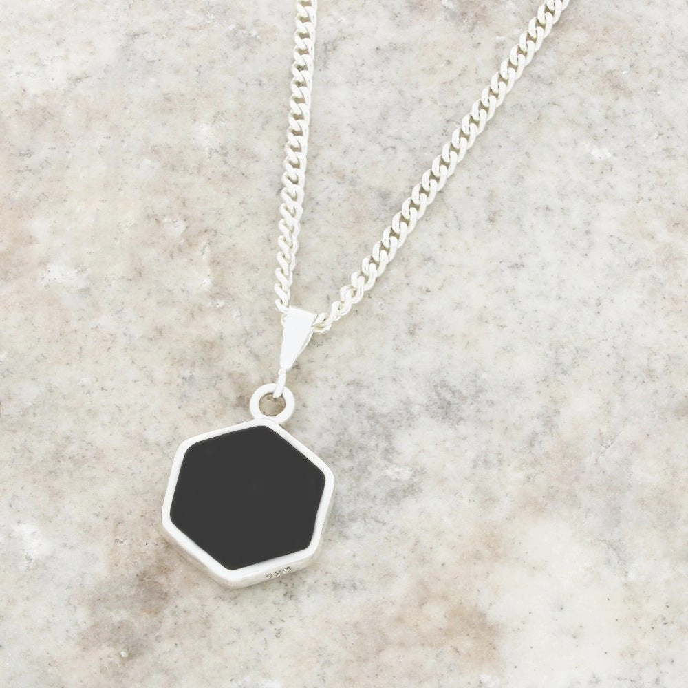 Derbyshire Blue John and Whitby Jet Hexagonal Shape Pendant and Chain