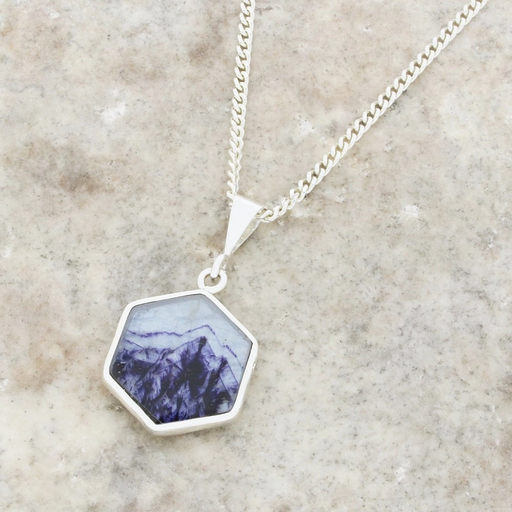 Derbyshire Blue John and Whitby Jet Hexagonal Shape Pendant and Chain