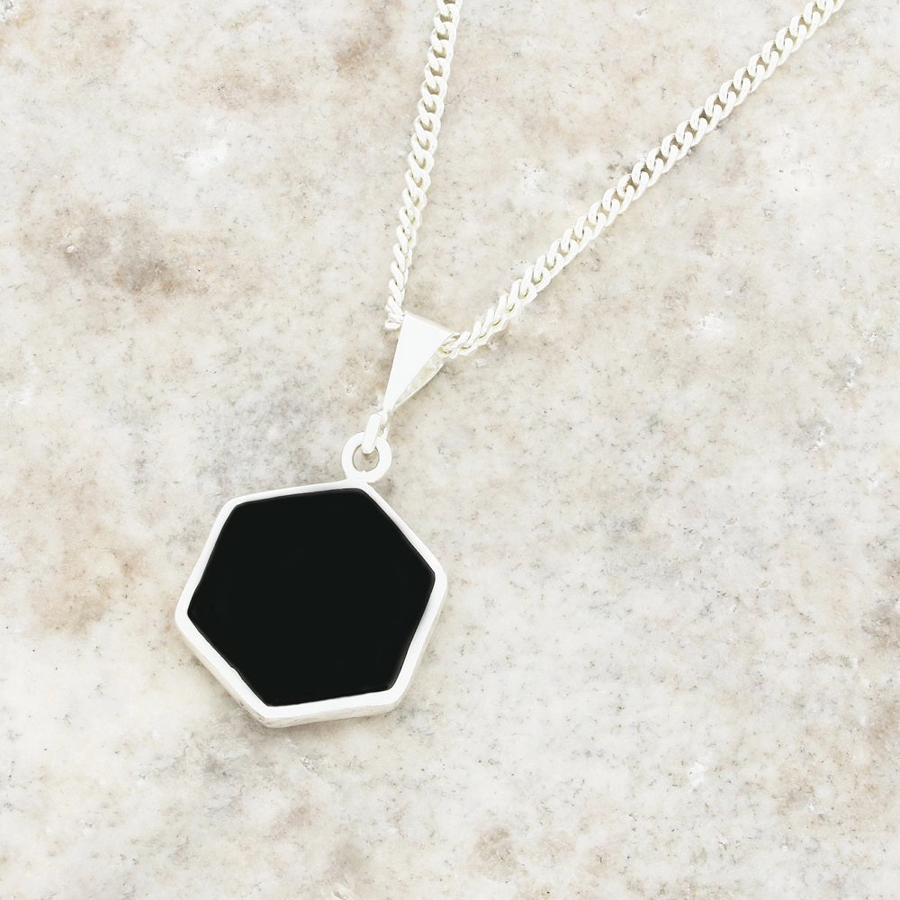 Derbyshire Blue John and Whitby Jet Hexagonal Shape Pendant and Chain