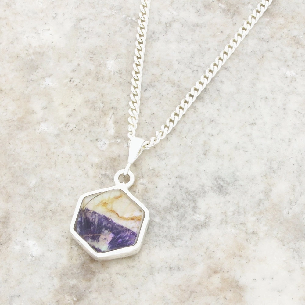 Derbyshire Blue John and Whitby Jet Hexagonal Shape Pendant and Chain