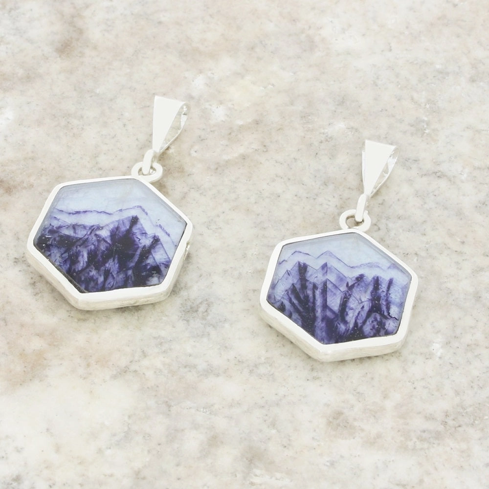 Derbyshire Blue John and Whitby Jet Hexagonal Shape Pendant and Chain