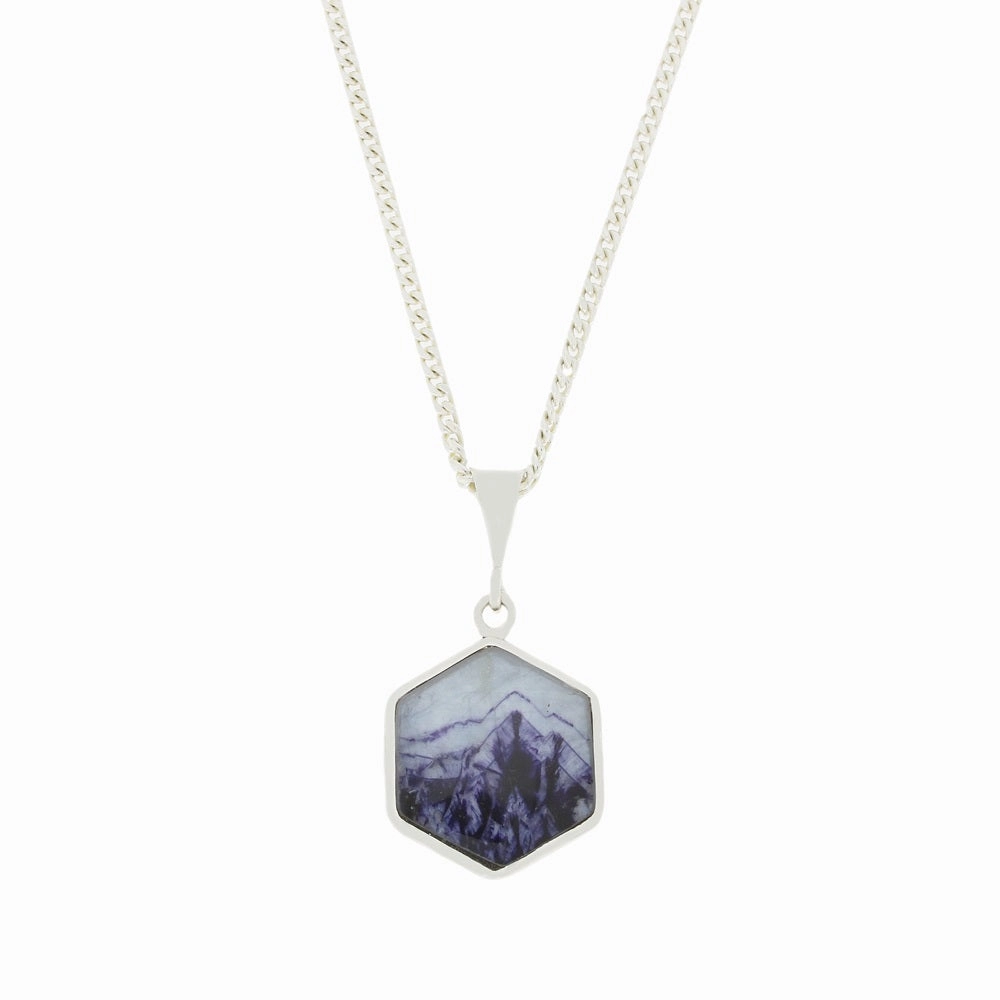 Derbyshire Blue John and Whitby Jet Hexagonal Shape Pendant and Chain