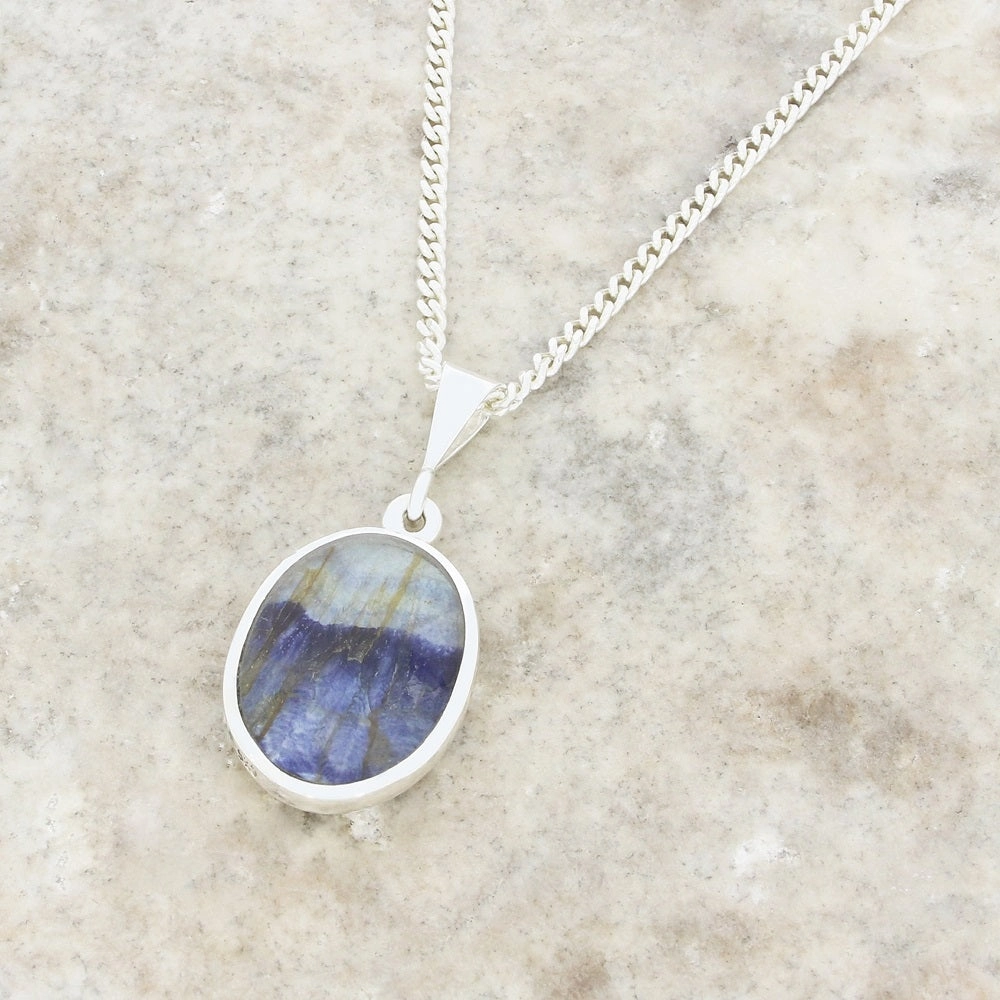 Derbyshire Blue John and Whitby Jet Oval Pendant and Chain