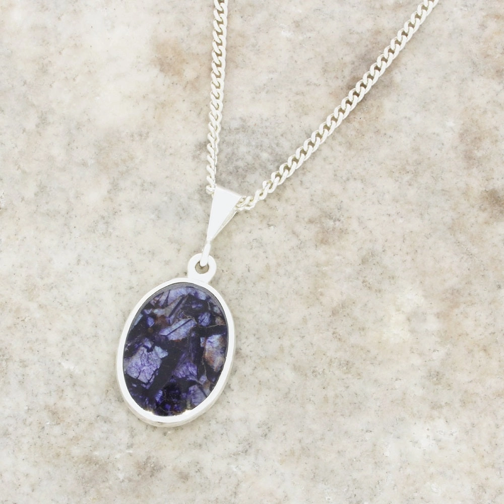 Derbyshire Blue John and Whitby Jet Oval Pendant and Chain