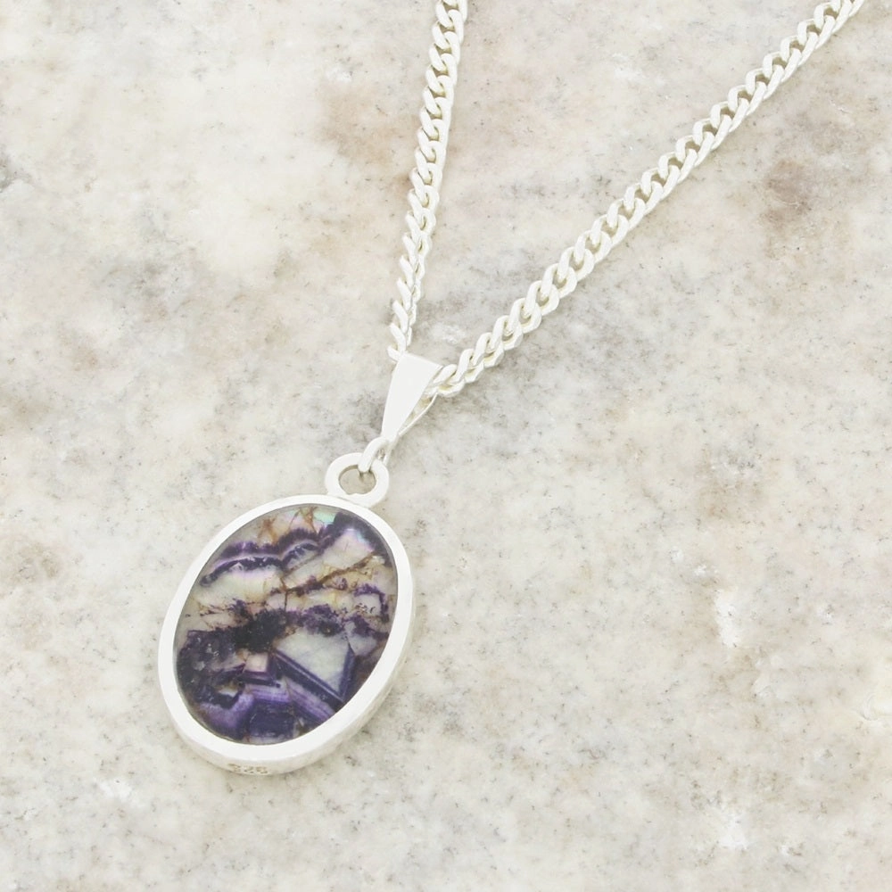 Derbyshire Blue John and Whitby Jet Oval Pendant and Chain