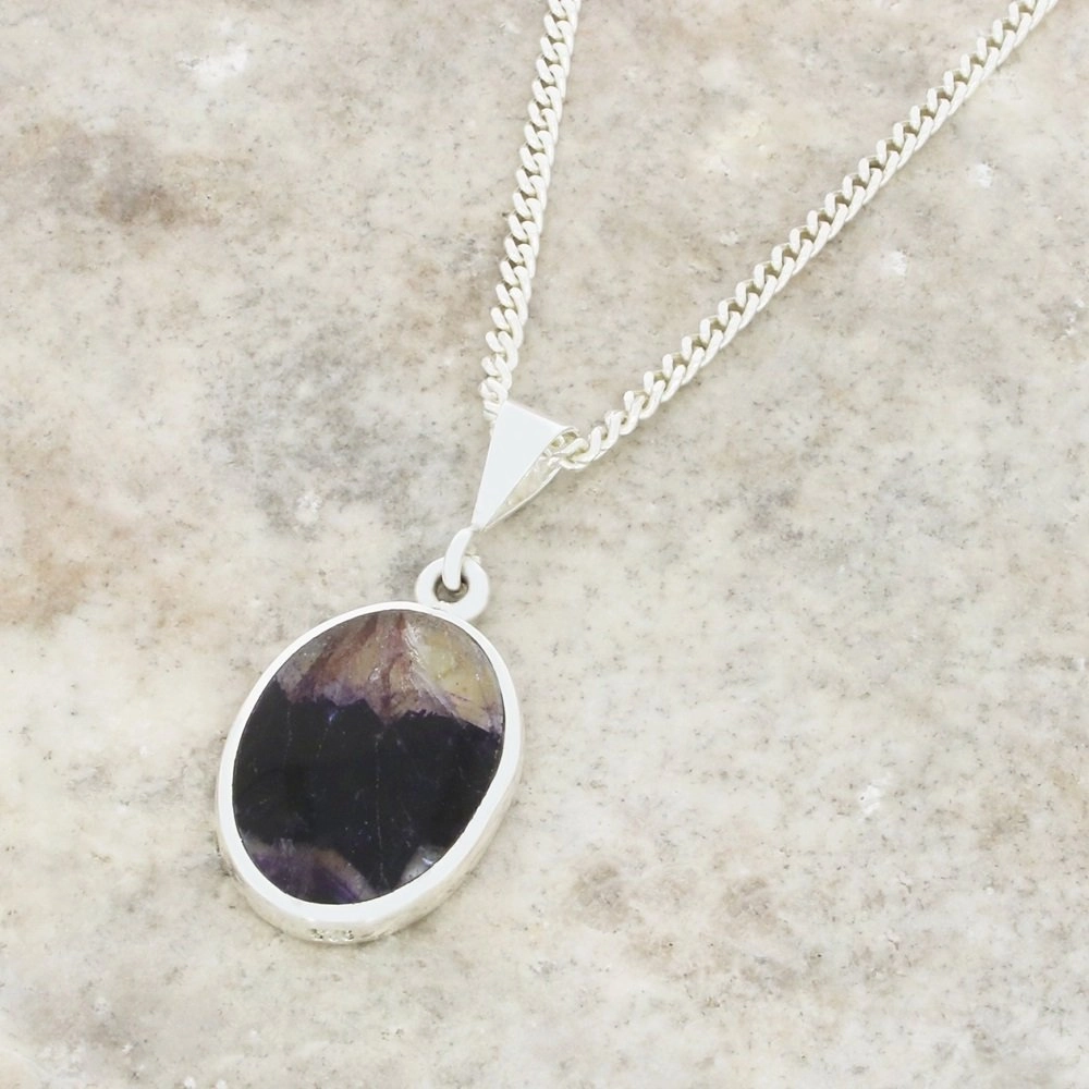 Derbyshire Blue John and Whitby Jet Oval Pendant and Chain