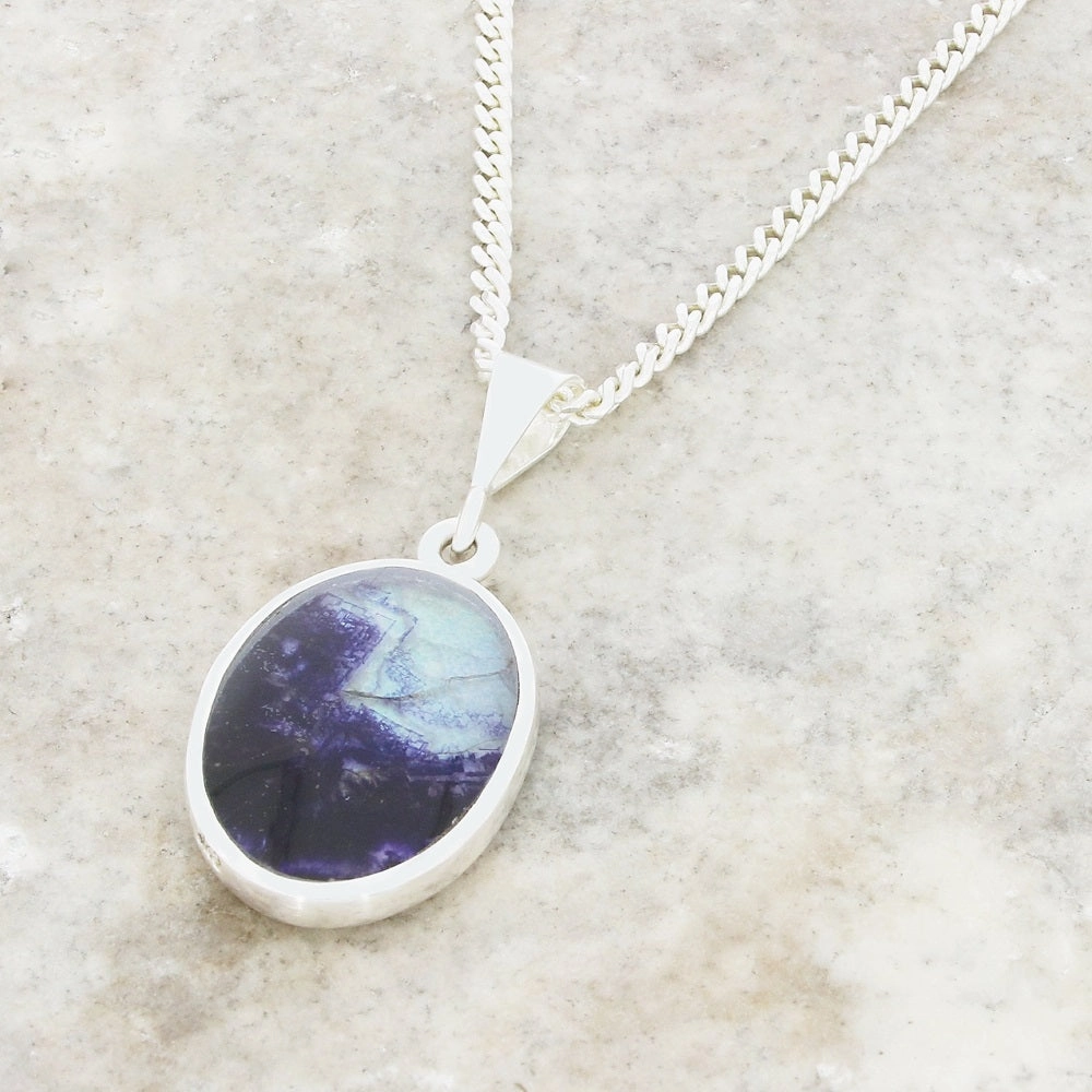 Derbyshire Blue John and Whitby Jet Oval Pendant and Chain